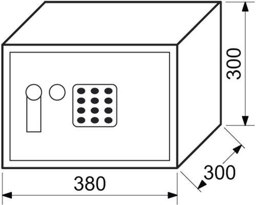 Obrázek trezoru o rozměrech 380 x 300 x 300 mm.