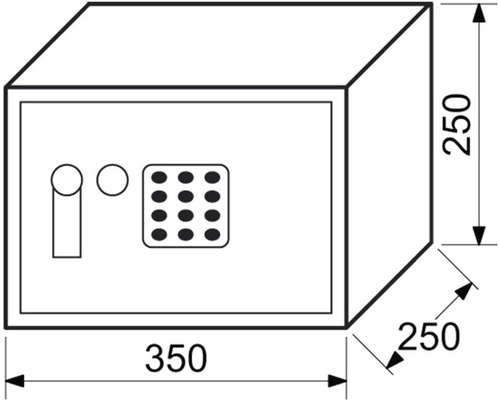 Obrázek trezoru o rozměrech 350 x 250 x 250 milimetrů.