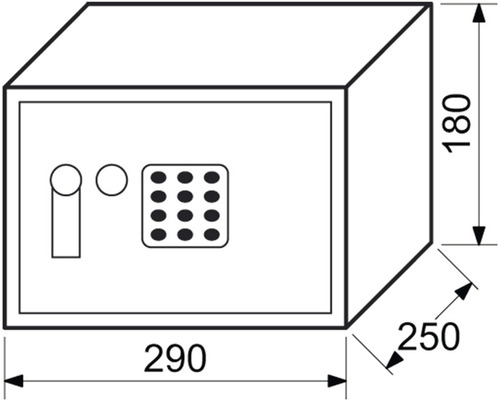 Nákres trezoru s rozměry 290 x 250 x 180 milimetrů