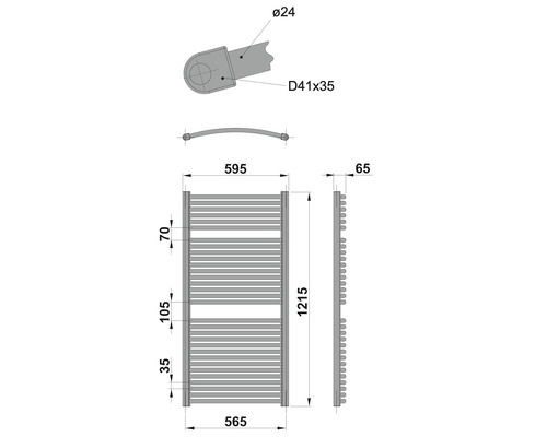 Technický nákres koupelnového radiátoru s rozměry