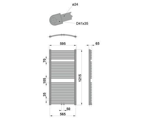 Technický výkres topného tělesa s rozměry