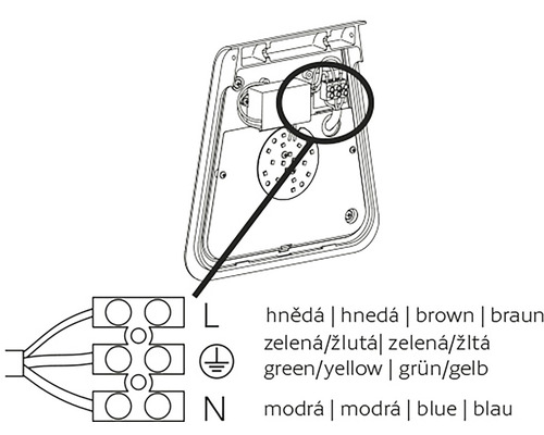 Schéma elektrické instalace s pokyny pro hnědé, zelené, žluté a modré kabely.