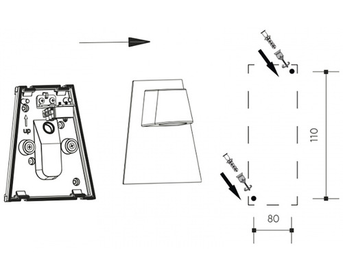 Montážní návod pro nástěnné svítidlo se šrouby a hmoždinkami.