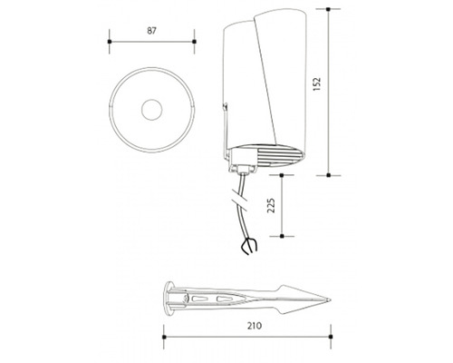 Technický nákres venkovního svítidla se zemním hrotem a rozměry