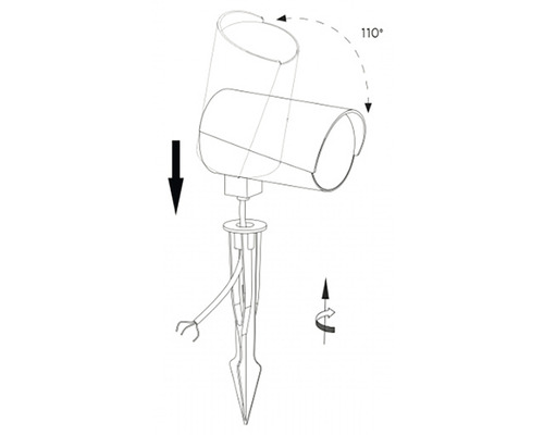 Diagram zahradního svítidla se zemním hrotem a nastavitelnou hlavou svítidla o 110 stupňů