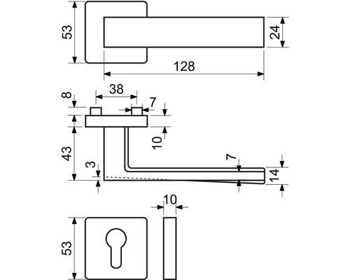 Technický výkres kliky dveří s rozměry
