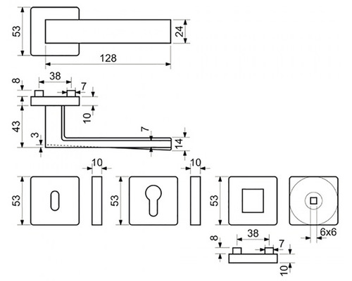 Technický výkres kliky dveří s rozměry