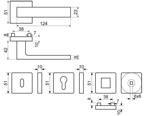 Technický výkres kliky dveří s rozměry