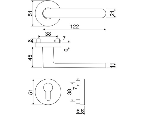 Technický výkres kliky dveří s rozměry.