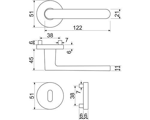 Technický nákres kliky dveří s rozměry