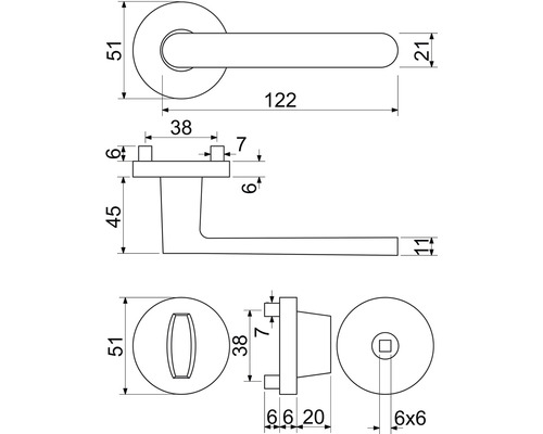Technický nákres kliky ke dveřím s rozetou a rozměry.