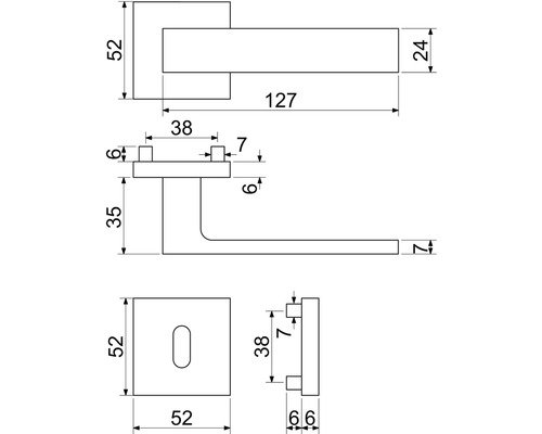 Technický výkres kliky dveří s rozměry
