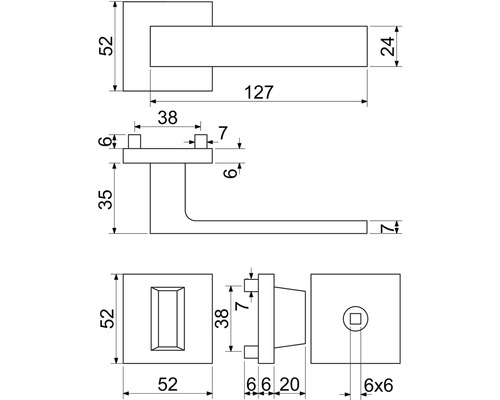 Technický nákres kliky dveří s rozměry