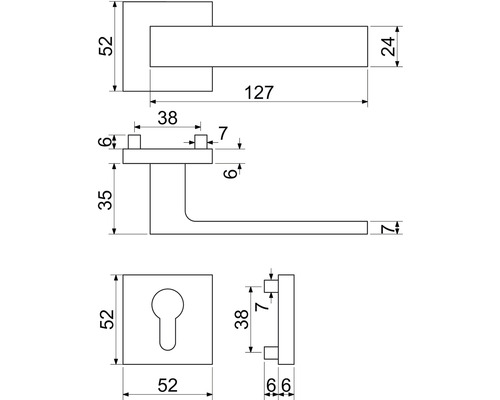 Technický výkres kliky dveří s rozměry