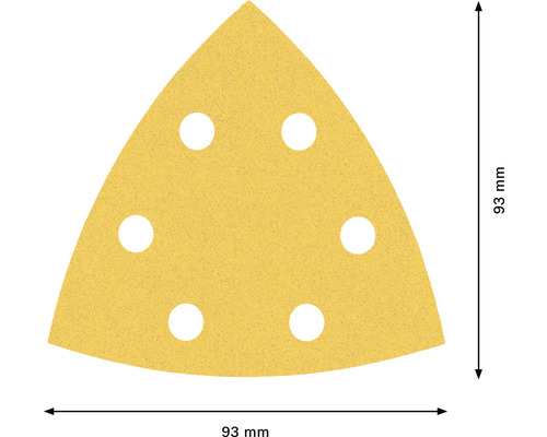 Trojúhelníkový brusný papír se šesti otvory o rozměru 93 mm.