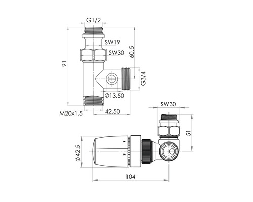 Technický výkres radiátorového ventilu s rozměry