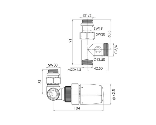 Technický výkres radiátorového ventilu s rozměry