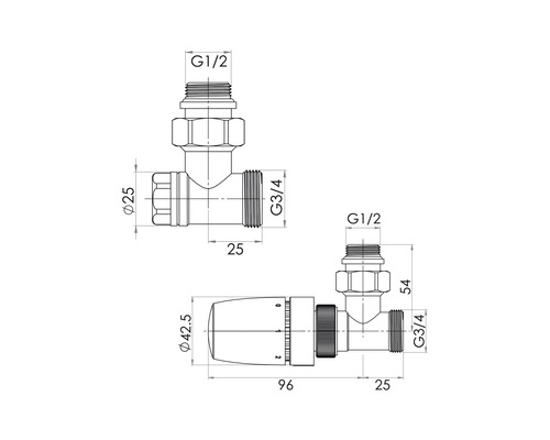Technický výkres radiátorového ventilu s rozměry