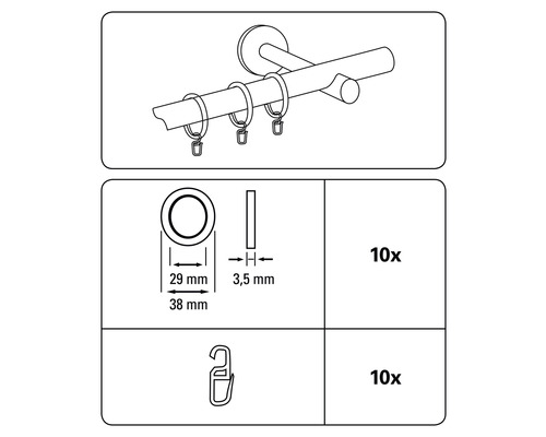 Sada záclonových tyčí s kroužky a skládacími háčky, deset kusů