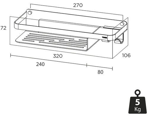 Technický výkres koupelnové police s rozměry a symbolem hmotnosti 5 kilogramů