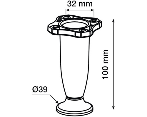 Technický výkres nohy nábytku o rozměrech 100 mm výška a 39 mm průměr
