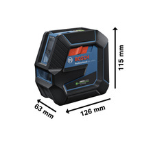 Logo Bosch. Rozměry čárového laseru: výška 115 mm, šířka 63 mm a délka 126 mm.