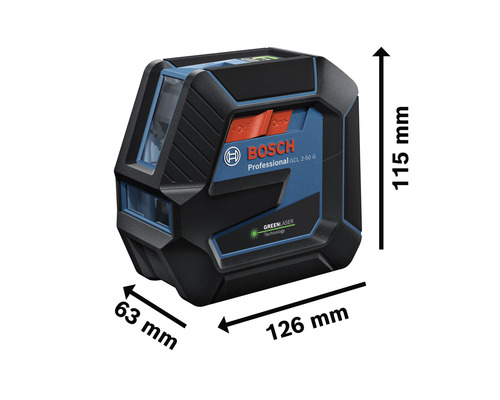 Logo Bosch. Rozměry čárového laseru: výška 115 mm, šířka 63 mm a délka 126 mm.
