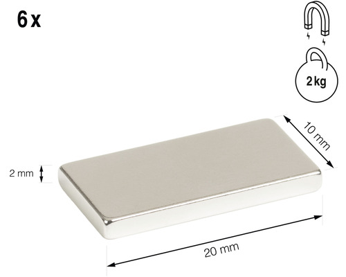 Šest obdélníkových magnetů s přídržnou silou 2 kg a rozměry 20 x 10 x 2 mm.