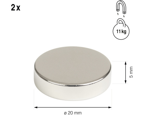 Dva kotoučové magnety, průměr 20 milimetrů, tloušťka 5 milimetrů, přídržná síla 11 kilogramů