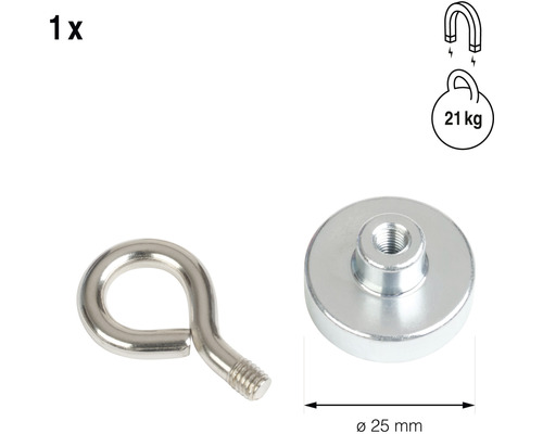 Hrncový magnet s okem, průměr 25 milimetrů, přídržná síla 21 kilogramů