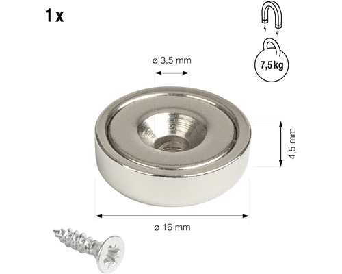 Kotoučový magnet se zápustným otvorem, průměr 16 mm