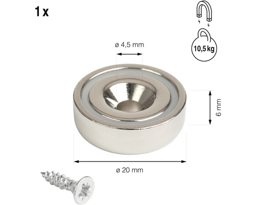 Kotoučový magnet se zahloubeným otvorem, průměr 20 mm, včetně šroubu