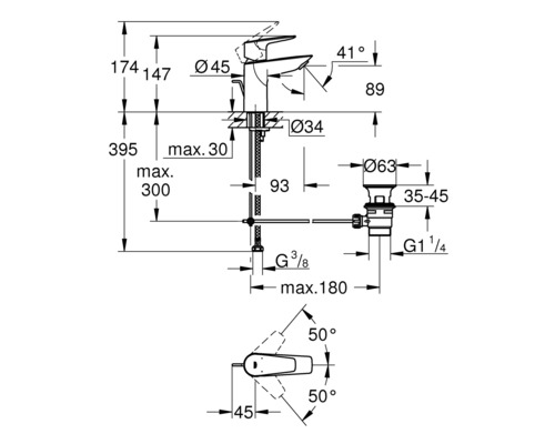 Technický nákres vodovodní baterie s rozměry