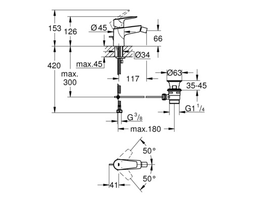 Technický nákres vodovodní baterie s rozměry