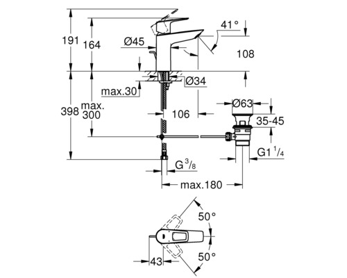 Technický výkres umyvadlové baterie s rozměry
