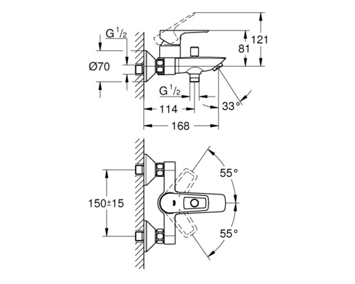 Technický výkres sprchové baterie s rozměry