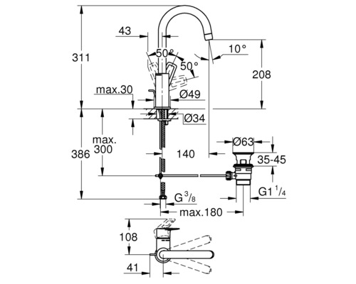 Rozměrový výkres kuchyňské baterie se všemi rozměry