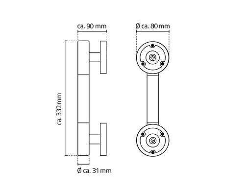Technický nákres tyčové rukojeti s rozměry