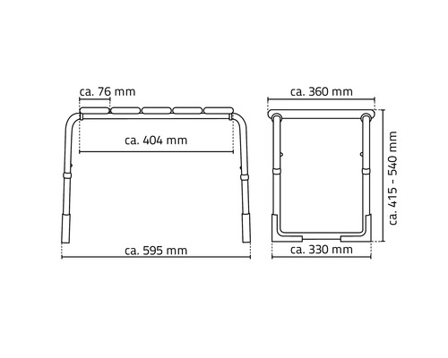 Technický výkres lavice do vany s rozměry