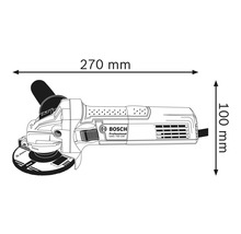 Nákres úhlové brusky s rozměry 270 mm délka a 100 mm výška