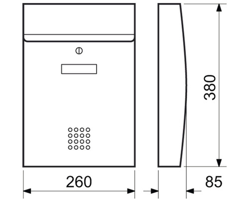 Technický výkres poštovní schránky s rozměry