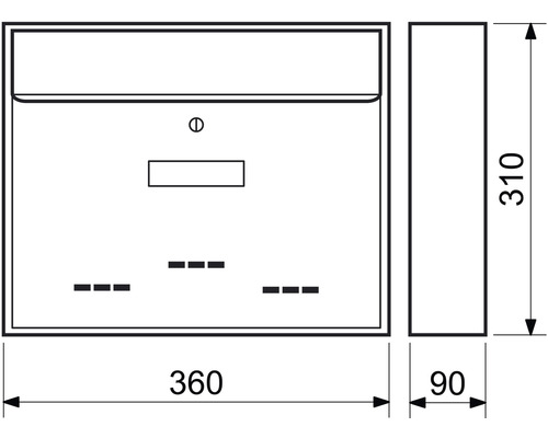 Technický nákres poštovní schránky s rozměry