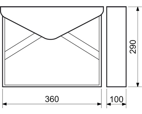 Technický nákres poštovní schránky s rozměry 360 x 290 x 100 milimetrů