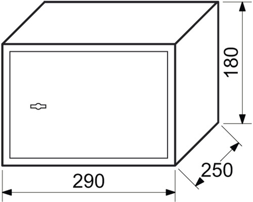 Ilustrace trezoru s rozměry 290 x 250 x 180 mm