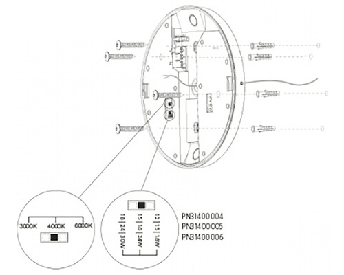 Schéma svítidla s možnostmi nastavení barvy světla a výkonu ve wattech
