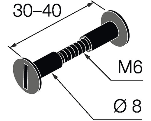 Technický výkres šroubu M6 o průměru 8 mm a délce 30 až 40 mm.