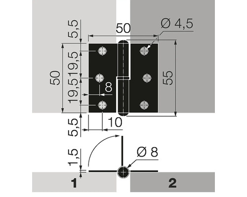 Technický výkres závěsu dveří s rozměry