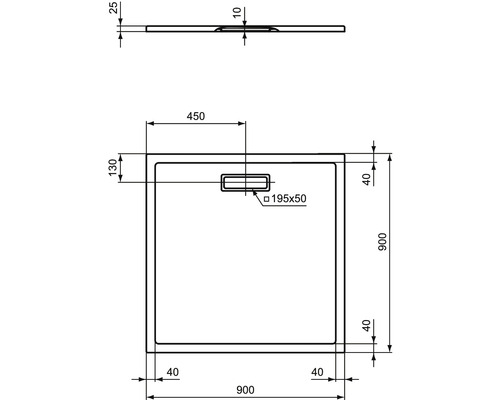 Technický výkres sprchové vaničky s rozměry.