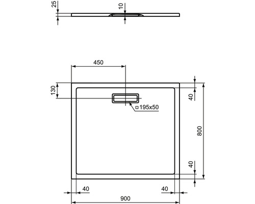 Technický výkres sprchové vaničky s rozměry.