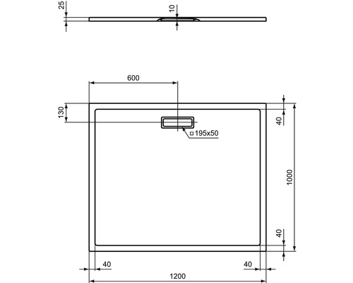 Technický nákres sprchové vaničky s rozměry